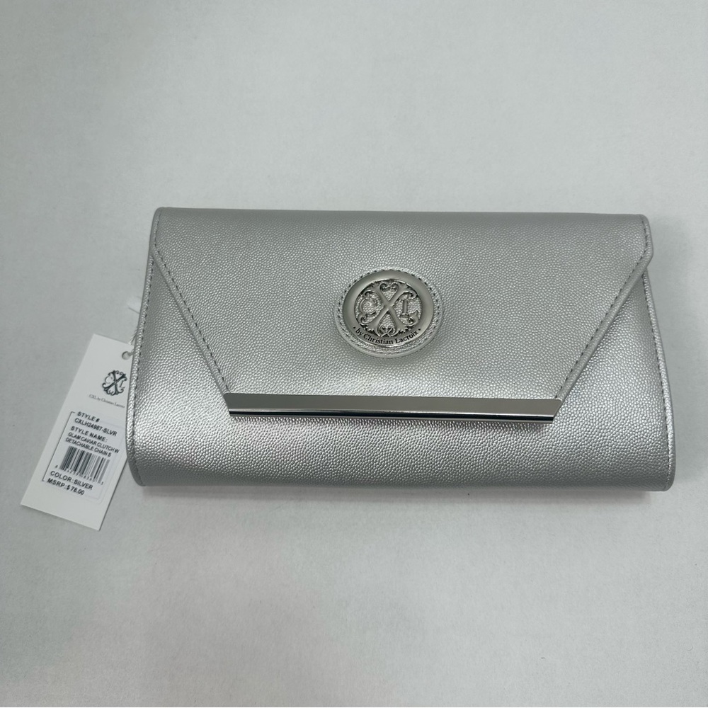 CXL Christian Lacroix Glam‎ Caviar Clutch Bag Detachable Chain Silver New